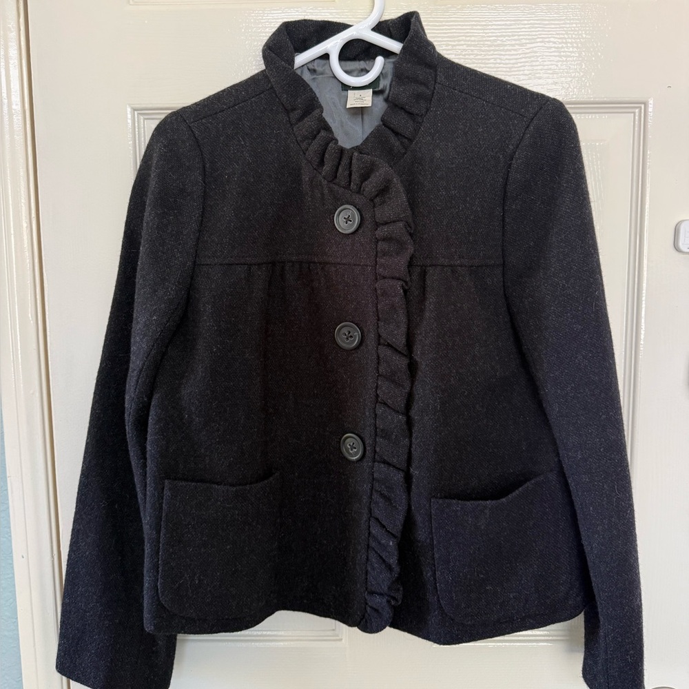 J. Crew 100% Wool Shell Long Sleeve 3 button Ruffle Jacket in Heather Grey.